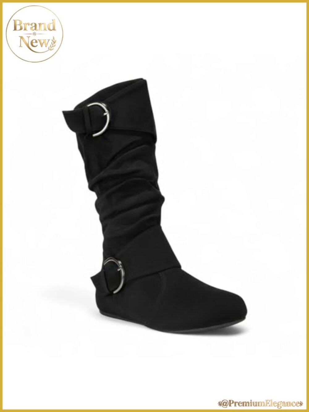 Womens Round Toe Buckle Side Zip Slouch Mid-Calf Boots Low Heel